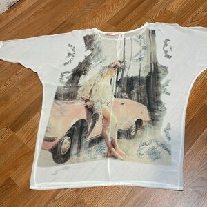Scandal- white sheer/ multicolor graphic/ wearable art blouse. Size M/L.